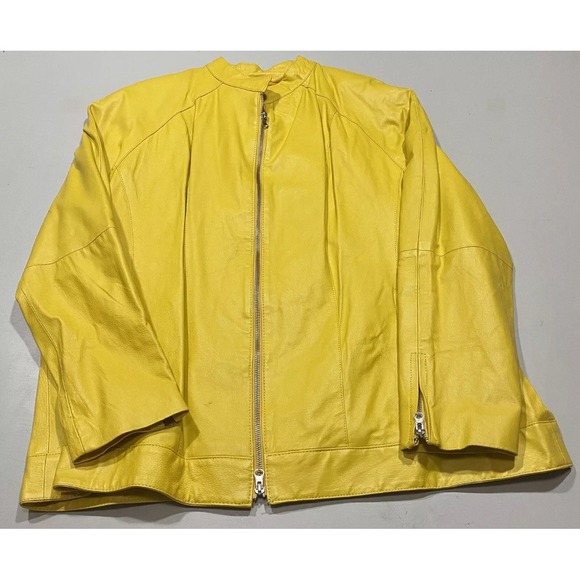 Sunny Yellow 100% Leather Moto Jacket Full Zip Jessica London Womens 16/16W XL - Picture 2 of 11